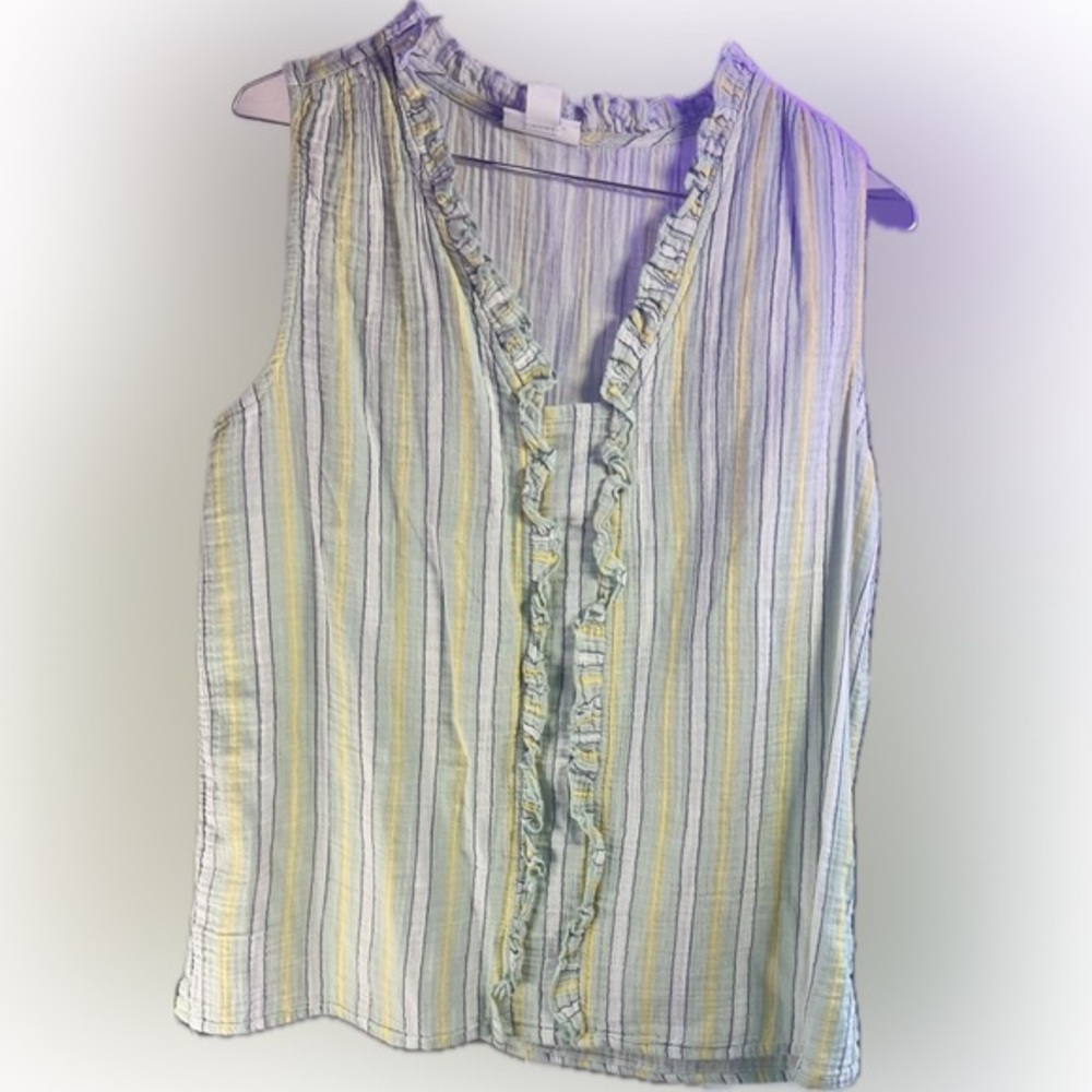 Liz Claiborne Yellow and Gray Striped Ruffle Blouse